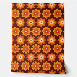 Groovy Retro 70s Boho Hippie Oranje Bloempatroon Behang