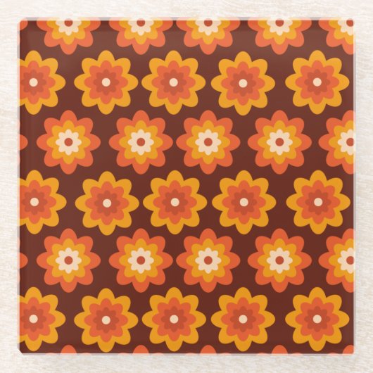 Groovy retro 70s boho hippie oranje bloempatroon glazen onderzetter (Voorkant)