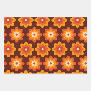 Groovy retro 70s boho hippie oranje bloempatroon inpakpapier vel