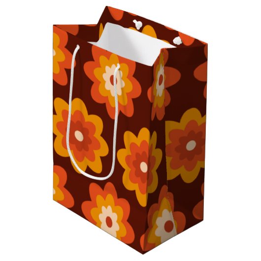 Groovy retro 70s boho hippie oranje bloempatroon medium cadeauzakje (Voorkant Gekanteld)