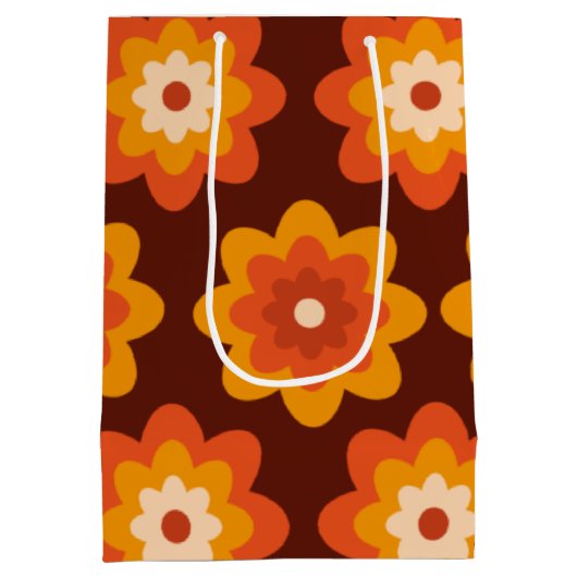 Groovy retro 70s boho hippie oranje bloempatroon medium cadeauzakje (Achterkant)