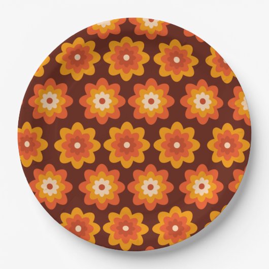 Groovy retro 70s boho hippie oranje bloempatroon papieren bordje (Voorkant)
