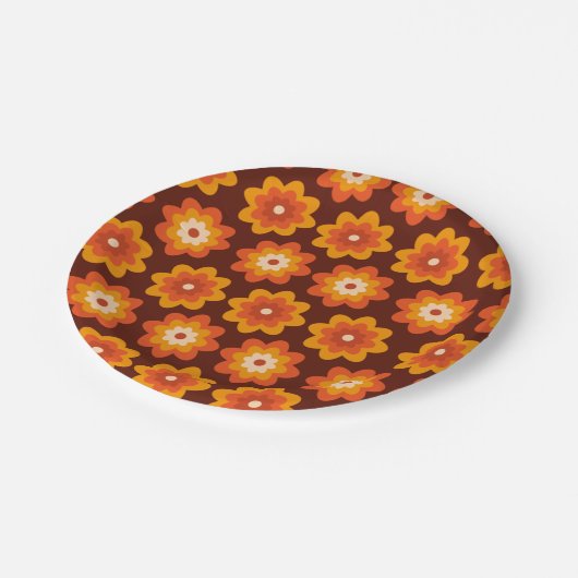 Groovy retro 70s boho hippie oranje bloempatroon papieren bordje (Gekanteld)