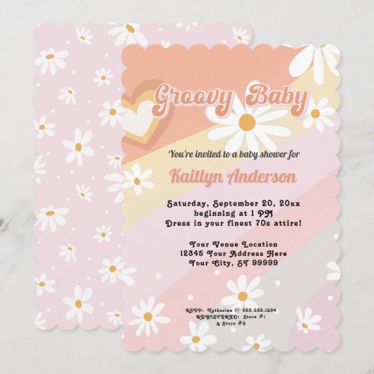 Groovy Retro 70s Daisy Peach Girl Baby shower Kaart (Voorkant / Achterkant)