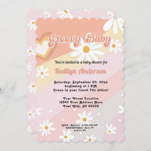 Groovy Retro 70s Daisy Peach Girl Baby shower Kaart