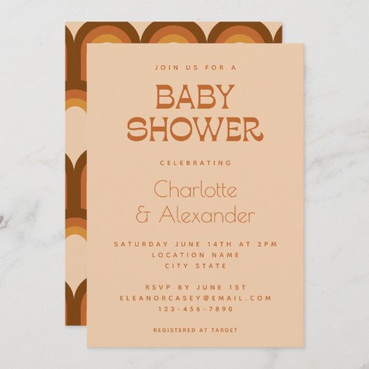 Groovy Retro 70s Design Brown Couples Baby shower Kaart (Voorkant / Achterkant)