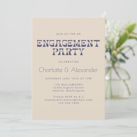 Groovy Retro 70s Design in Blue Engagement Party Kaart (Staand voorkant)