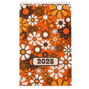 Groovy Retro 70s Floral 2025 Bruin en Sinaasappel Kalender