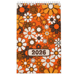 Groovy Retro 70s Floral 2025 Bruin en Sinaasappel Kalender
