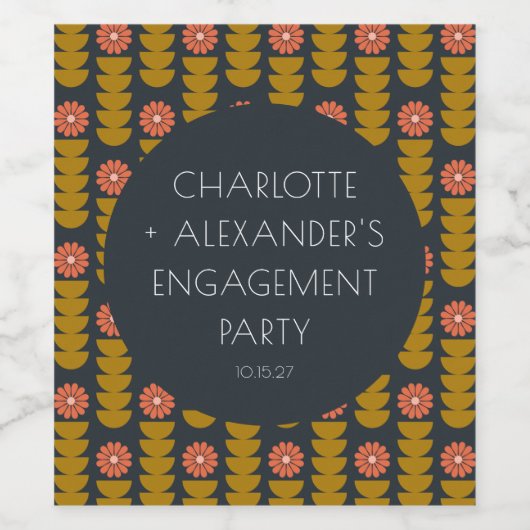 Groovy Retro 70s Floral Custom Engagement Party Wijn Etiket (Enkel label)