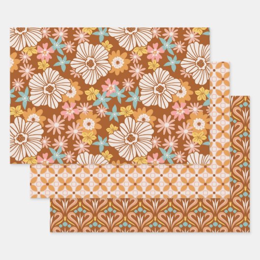 Groovy Retro 70s Flowers en Geometrische patronen Inpakpapier Vel (Set)