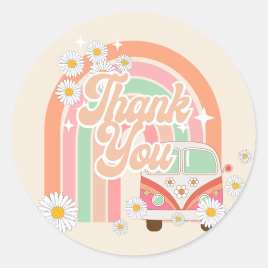 GROOVY Retro 70's Hippie roze sinaasappel Dank u Ronde Sticker (Voorkant)