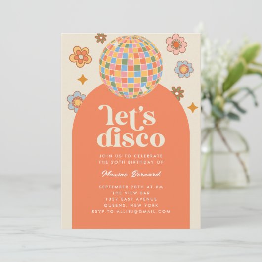 Groovy Retro 70s Laten we Disco Birthday Party Kaart (Staand voorkant)