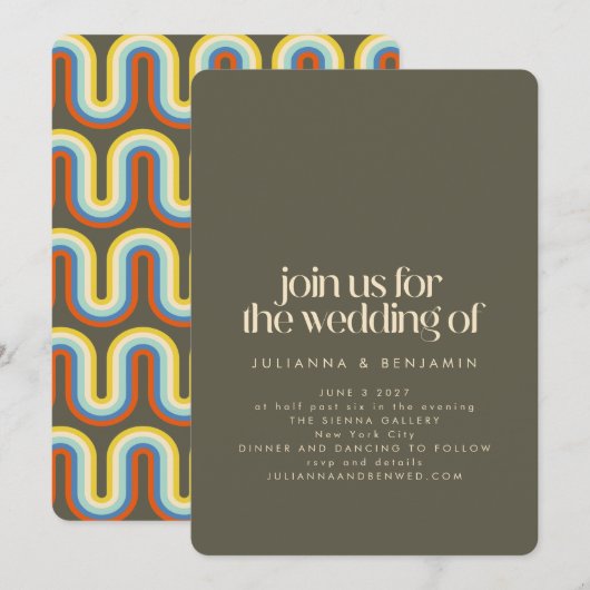 Groovy Retro 70's Olive Green Wedding All in One Kaart (Voorkant / Achterkant)