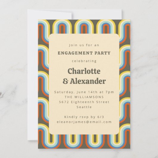 Groovy Retro 70s Olive Pattern Engagement Party Kaart (Voorkant)