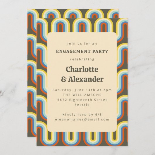 Groovy Retro 70s Olive Pattern Engagement Party Kaart (Voorkant / Achterkant)