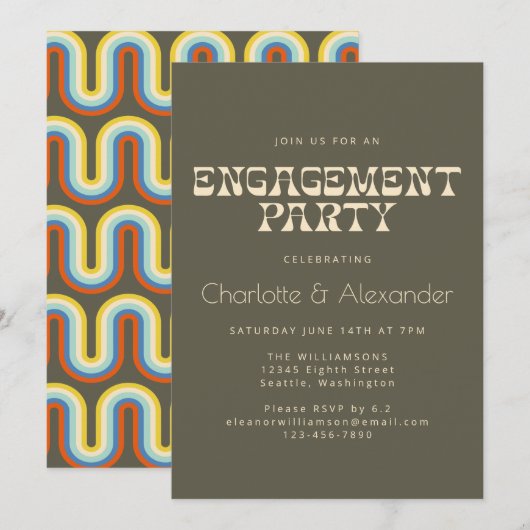 Groovy Retro 70s Ontwerp in Olive Engagement Party Kaart (Voorkant / Achterkant)