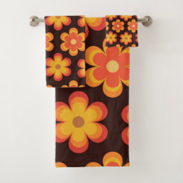 Groovy Retro 70s Oranje en Gele Bloemen  Bad Handdoek