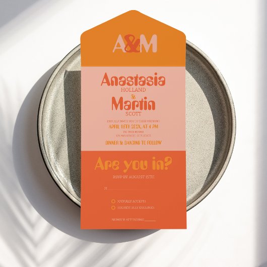 Groovy Retro 70s Perzik Sinaasappel Bold Bruiloft All In One Uitnodiging