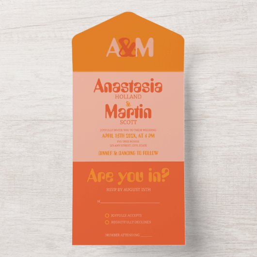 Groovy Retro 70s Perzik Sinaasappel Bold Bruiloft All In One Uitnodiging (Binnen)