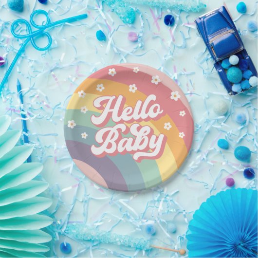 Groovy Retro 70s Rainbow Daisy Baby shower Papieren Bordje (Feest)