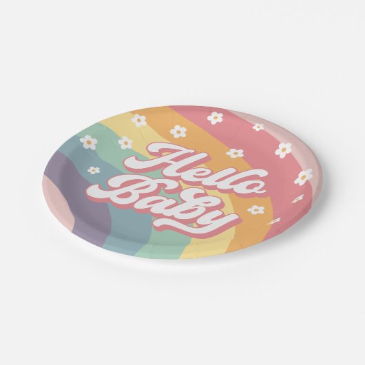 Groovy Retro 70s Rainbow Daisy Baby shower Papieren Bordje (Gekanteld)