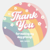 Groovy Retro 70s Rainbow Daisy Verjaardag Ronde Sticker (Voorkant)