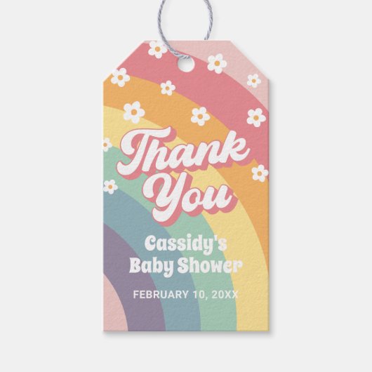 Groovy Retro 70s Regenboog Daisy Baby Shower  Cadeaulabel (Voorkant)