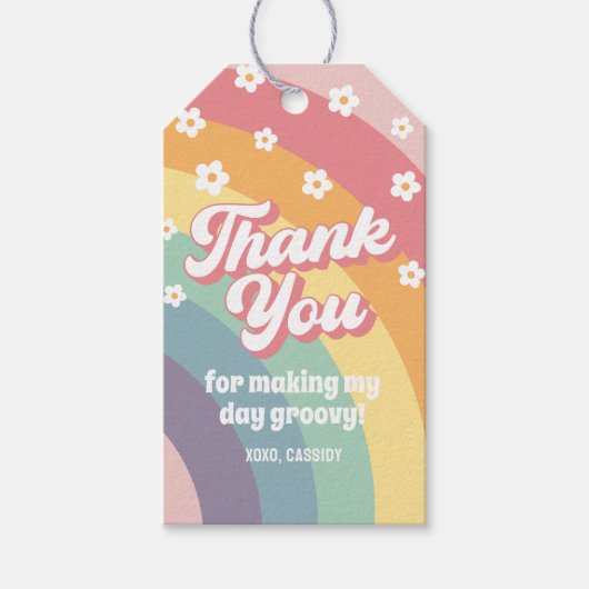 Groovy Retro 70s Regenboog Madelief Verjaardag Cadeaulabel (Voorkant)