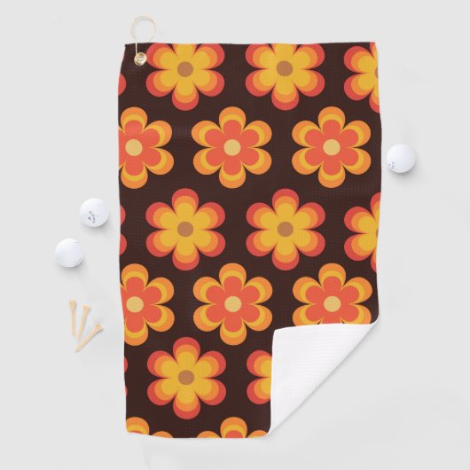 Groovy Retro 70s Sinaasappel en gele bloemen Golfhanddoek (Insitu)