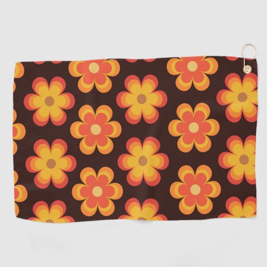 Groovy Retro 70s Sinaasappel en gele bloemen Golfhanddoek (Horizontaal)