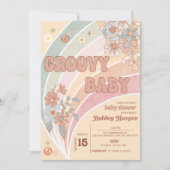 Groovy Retro 70s | Uitnodiging voor regenboogBaby  (Voorkant)