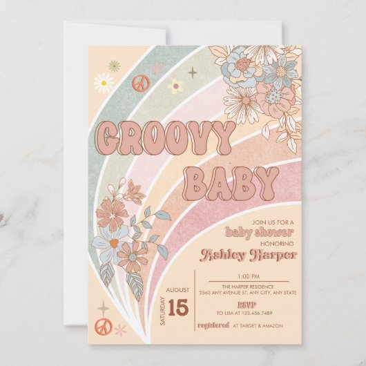 Groovy Retro 70s | Uitnodiging voor regenboogBaby  (Voorkant)
