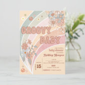 Groovy Retro 70s | Uitnodiging voor regenboogBaby  (Staand voorkant)