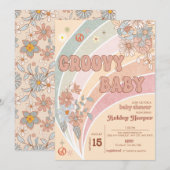 Groovy Retro 70s | Uitnodiging voor regenboogBaby  (Voorkant / Achterkant)