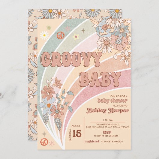 Groovy Retro 70s | Uitnodiging voor regenboogBaby  (Voorkant / Achterkant)