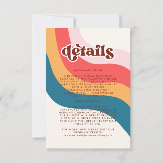 Groovy Retro 70s Wavy Lines Wedding Details Kaart (Voorkant)