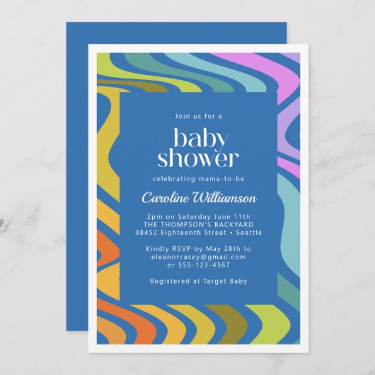 Groovy Retro Abstract regenboogblauw Baby shower Kaart (Voorkant / Achterkant)