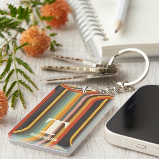 Groovy retro Abstracte lijnen monogram Sleutelhanger (Voorkant Rechts)