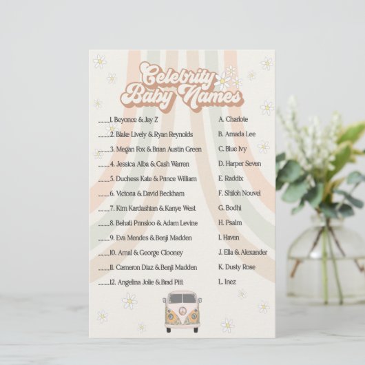 groovy retro baby shower game beroemdheden (Staand voorkant)