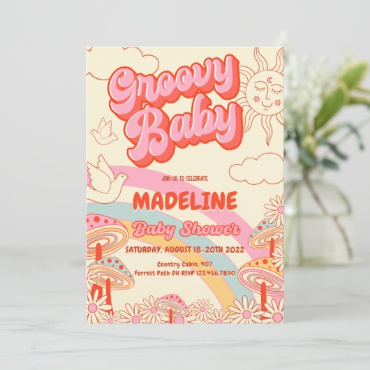 Groovy Retro Baby shower Invitation Kaart (Staand voorkant)
