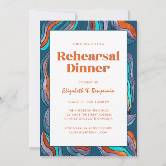 Groovy Retro Blauw Foto Huwelijk repetitie diner Kaart (Voorkant)