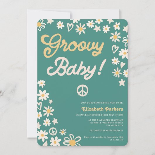 Groovy retro blauwgroen boho baby shower kaart (Voorkant)