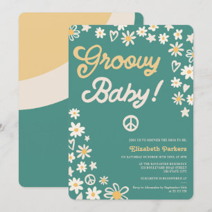 Groovy retro blauwgroen boho baby shower kaart
