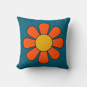 Groovy Retro Bloem Blauw Sinaasappel 70s Bloemen Kussen