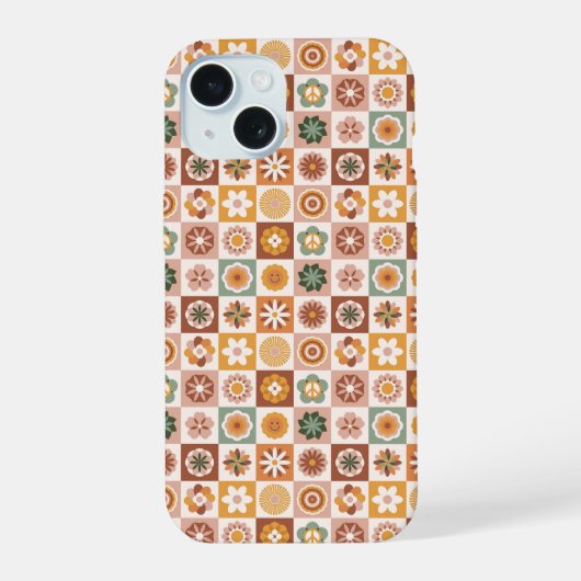 Groovy Retro Bloem Geruit iPhone 15 Case (Achterkant)