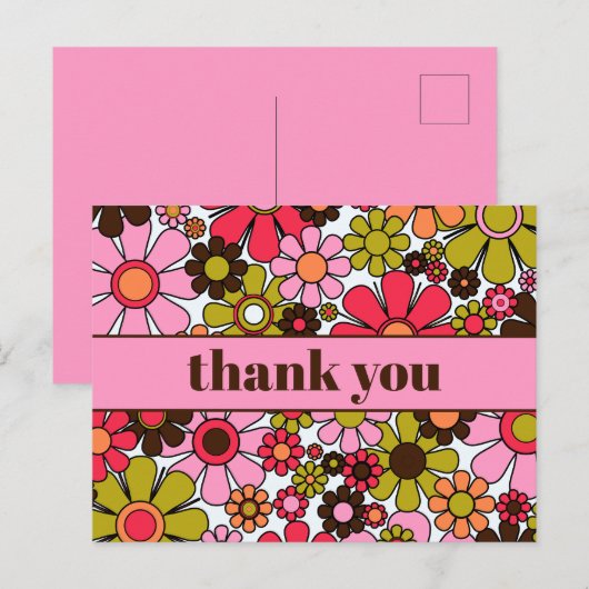 Groovy Retro Bloemen 60s 70s Bloemen Bedankt Briefkaart (Voorkant / Achterkant)