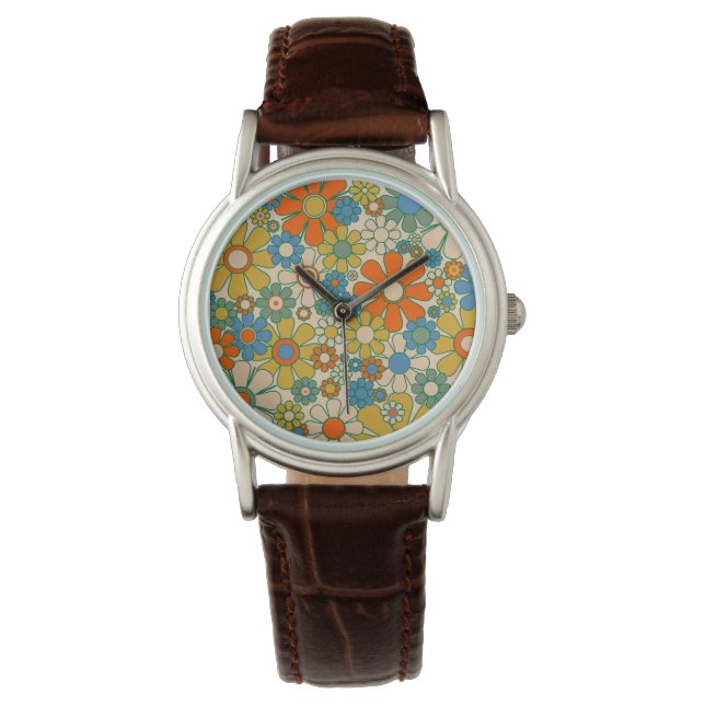 Groovy Retro Bloemen 60s 70s Bloemenpatroon Horloge (Voorkant)
