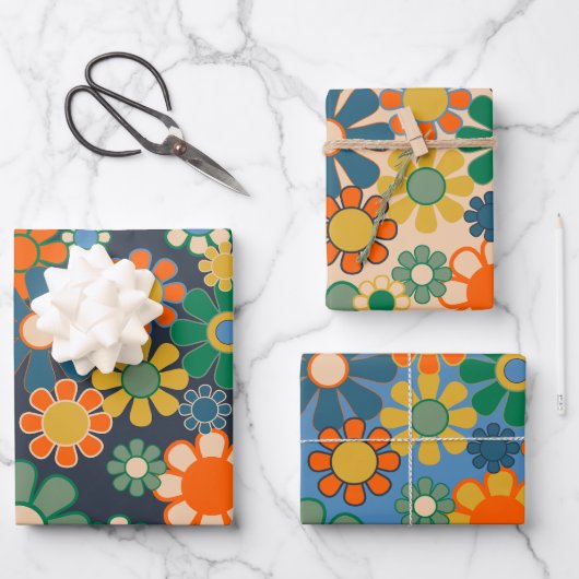 Groovy Retro Bloemen 60s 70s Esthetische Patronen Inpakpapier Vel (Voorkant)