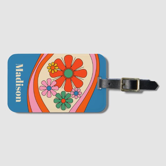 Groovy Retro Bloemen 60s 70s Kleurrijk Gepersonali Bagagelabel (Voorkant (horizontaal))